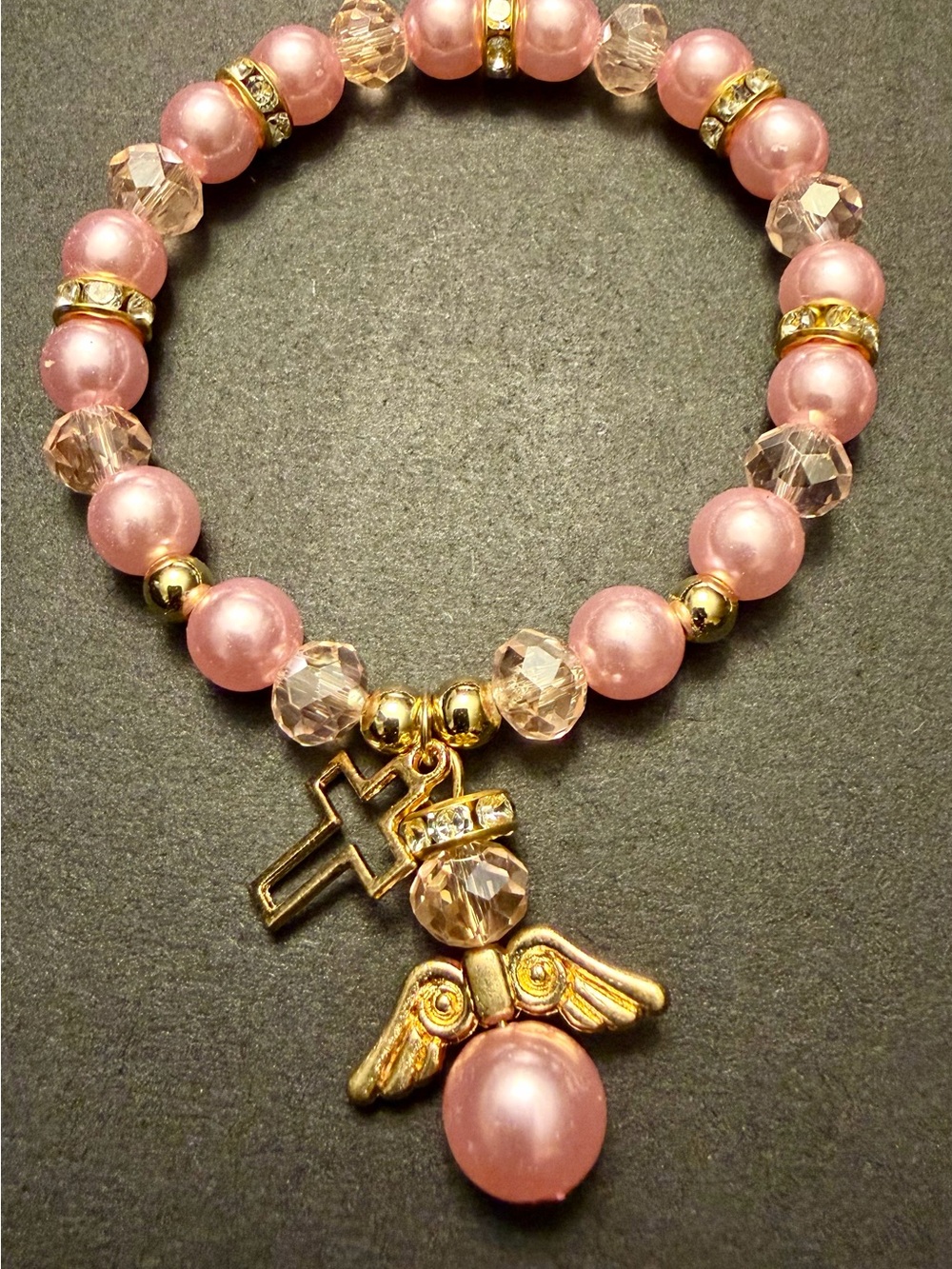 Pink Pearl Angel Charm Stretch Bracelet - Fashion Jewelry - Picture 2 of 2